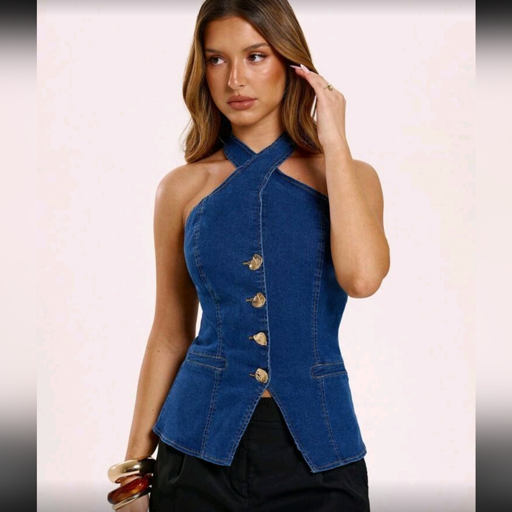 Women's Sleeveless Front Button Waist Denim Top, Casual Summer, Sleeve